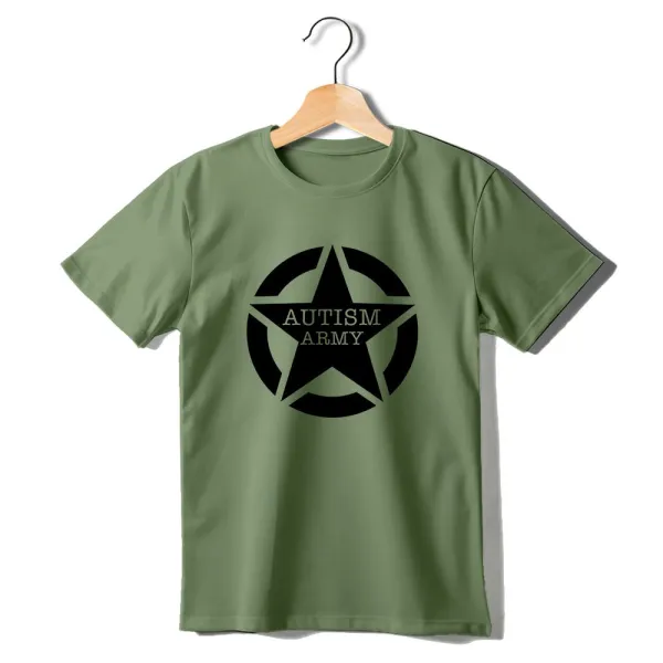 Kids t shirt in khaki with a star which says autism army in the centre